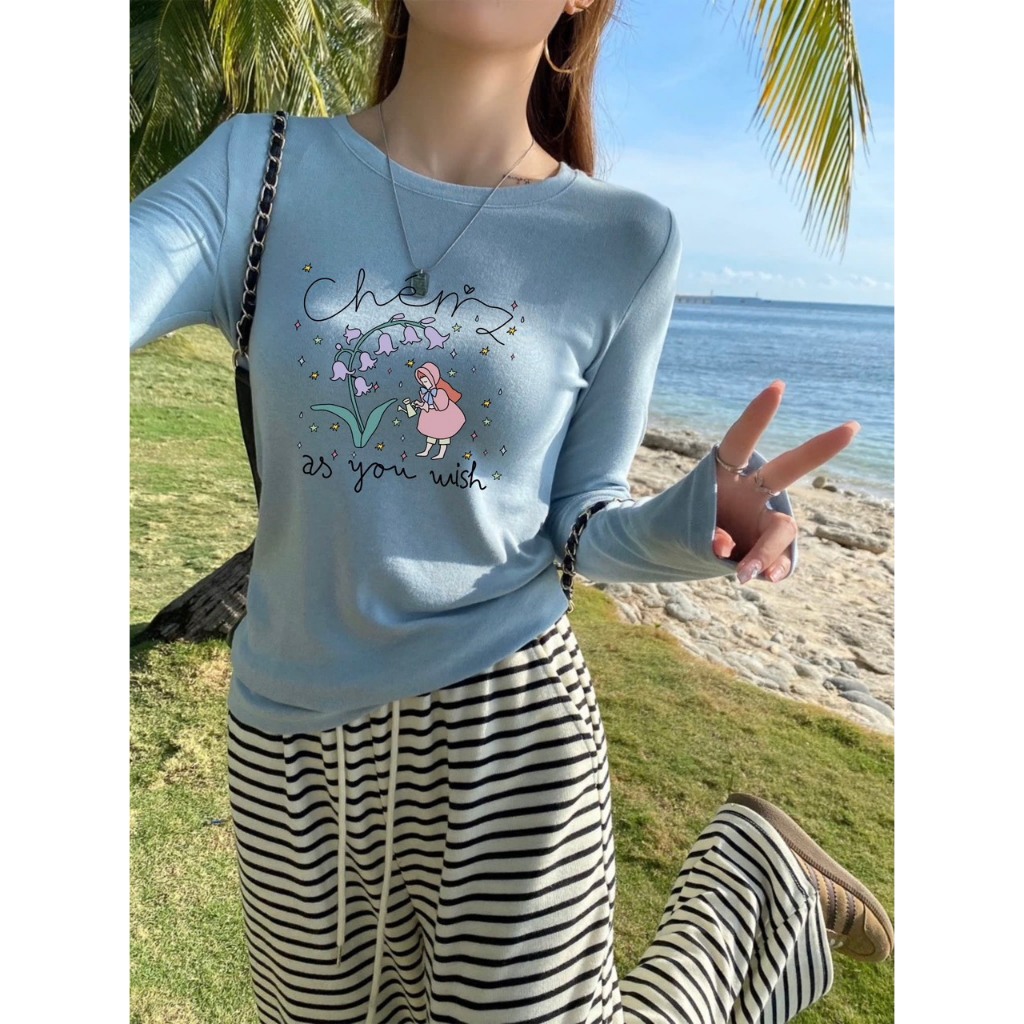 Áo Thun Tay Dài Cổ tròn dáng ôm vừa Co Giãn Tốt in hình Thời Trang July fashion202, Áó dài tay thun len tăm màu pastel
