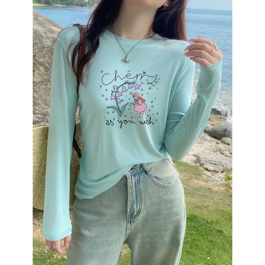 Áo Thun Tay Dài Cổ tròn dáng ôm vừa Co Giãn Tốt in hình Thời Trang July fashion202, Áó dài tay thun len tăm màu pastel