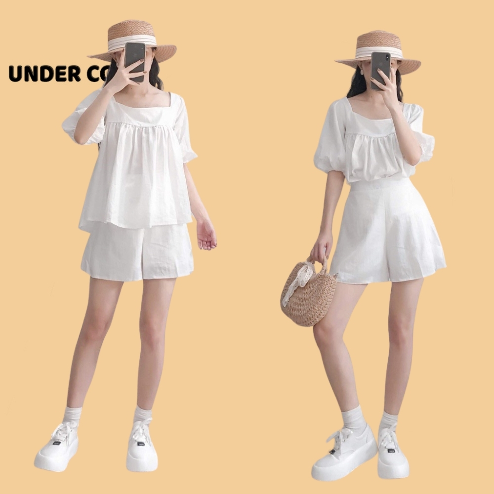 SET bộ babydoll cổ vuông buộc dây undercool kiểu dáng nữ tính trẻ trung chất đũi mát màu trắng SB24