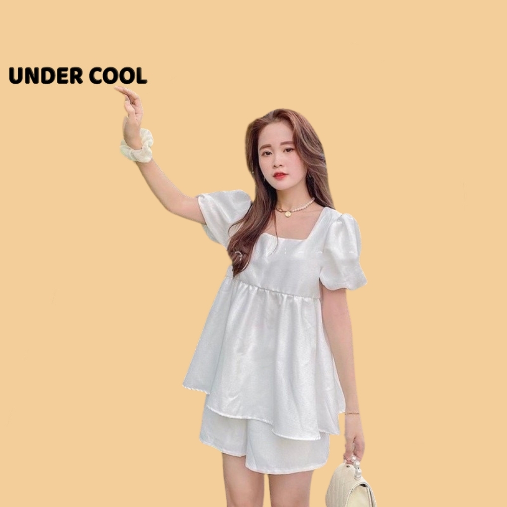 SET bộ babydoll cổ vuông buộc dây undercool kiểu dáng nữ tính trẻ trung chất đũi mát màu trắng SB24