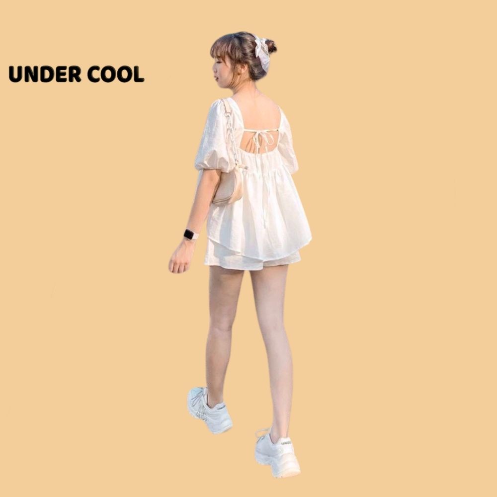 SET bộ babydoll cổ vuông buộc dây undercool kiểu dáng nữ tính trẻ trung chất đũi mát màu trắng SB24