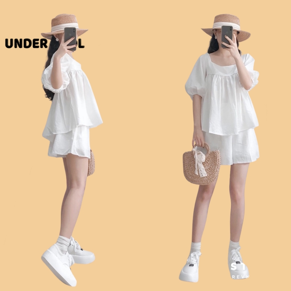 SET bộ babydoll cổ vuông buộc dây undercool kiểu dáng nữ tính trẻ trung chất đũi mát màu trắng SB24