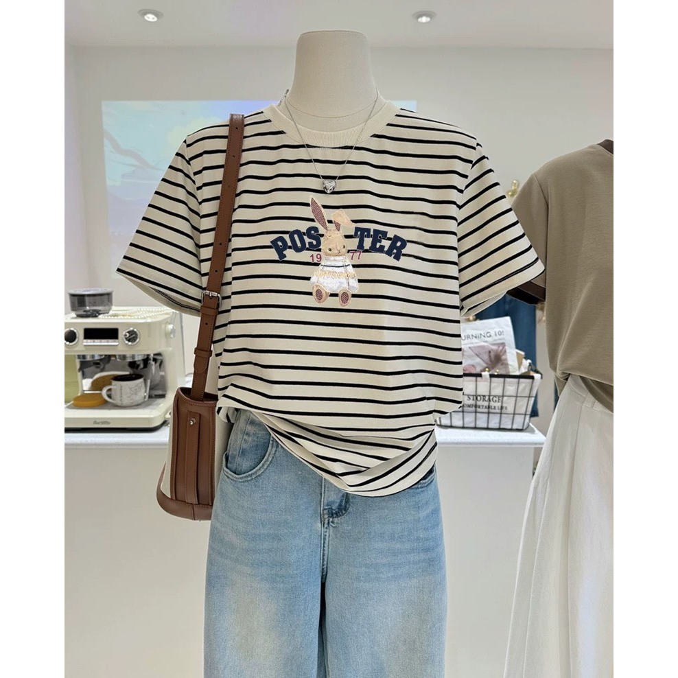 Áo thun nữ ngắn tay kẻ sọc in hình thời trang JULY fashion2023, Áo phông nữ sọc ngang chất cotton 4 chiều dày dặn