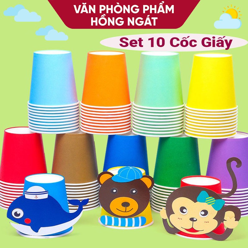 Set 10 cốc giấy nhiều màu cho bé làm thủ công DIY, cốc giấy dùng trong giảng dạy và học ngôn ngữ GC52