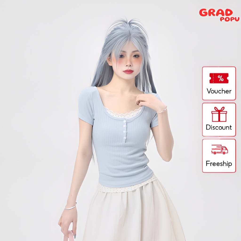 Áo thun nữ GRADPOPU PAT31 cổ V giả 2 mảnh sang trọng, áo kiểu nữ dáng ôm eo chất mềm mịn thoáng mát