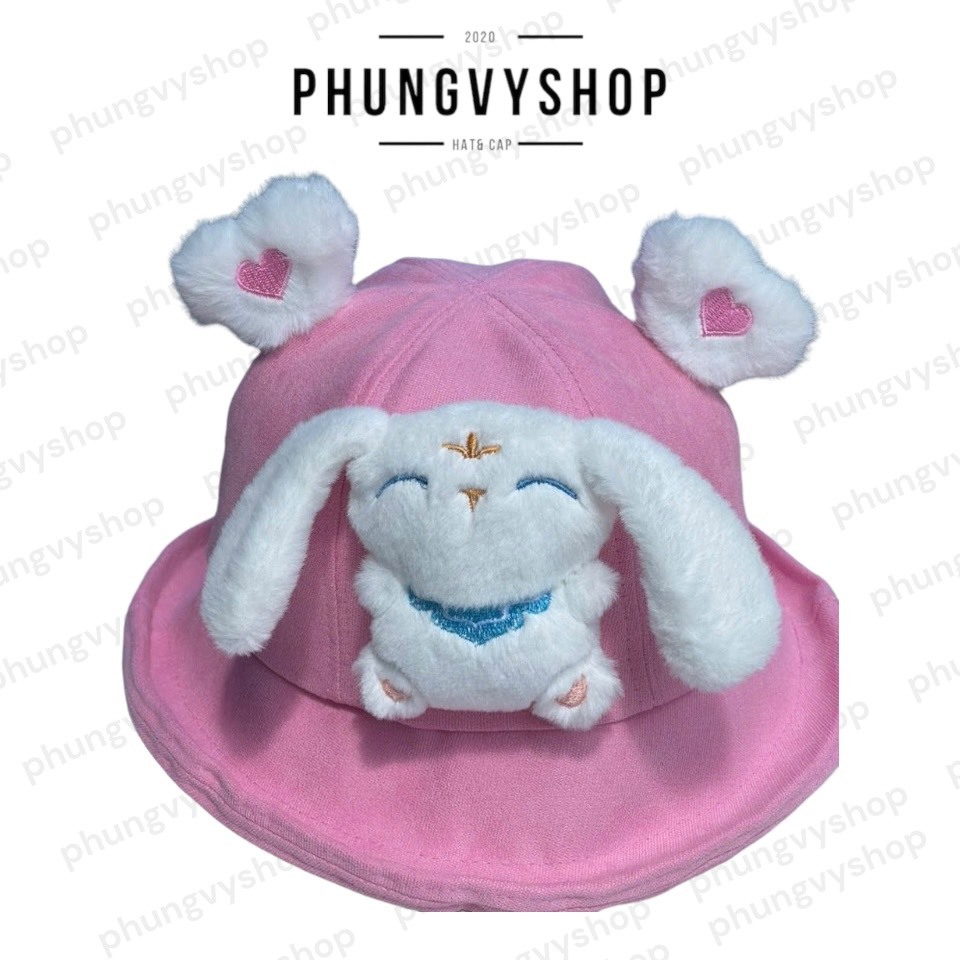 BéTrên4Tuổi-Vđ 54cm_Mũ bucket tai bèo vành gái trẻ em phungvyshop-nón/ BO nhung Lật Cinnamonroll Tai Dài Trắng Tai Tim/