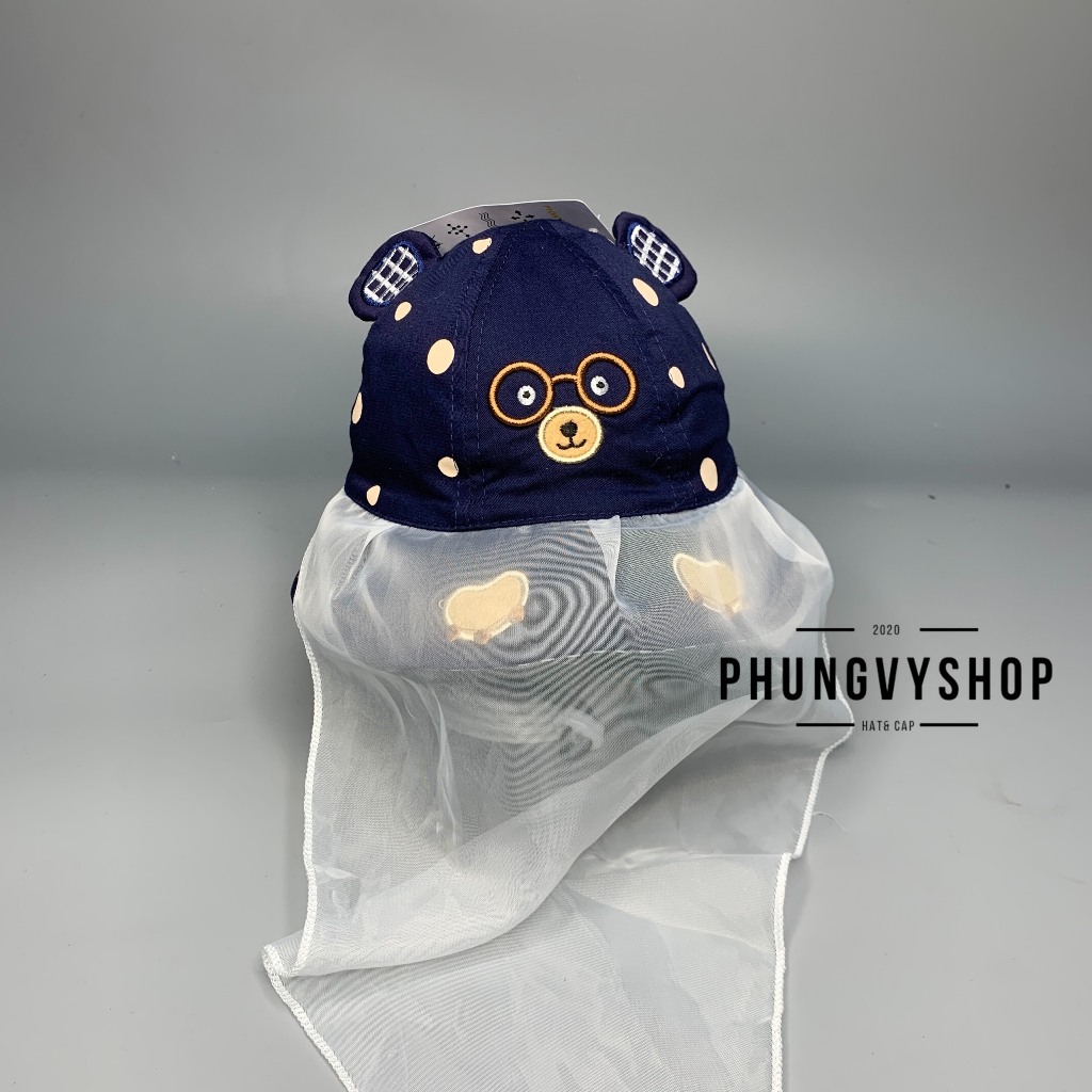 I VĐ 47cm/ Dưới 12 tháng I Mũ cho bé có khăn voan cản gió che bụi cho bé sơ sinh- BO NHÍ VON GẤU ĐEO KÍNH- nón trai gái