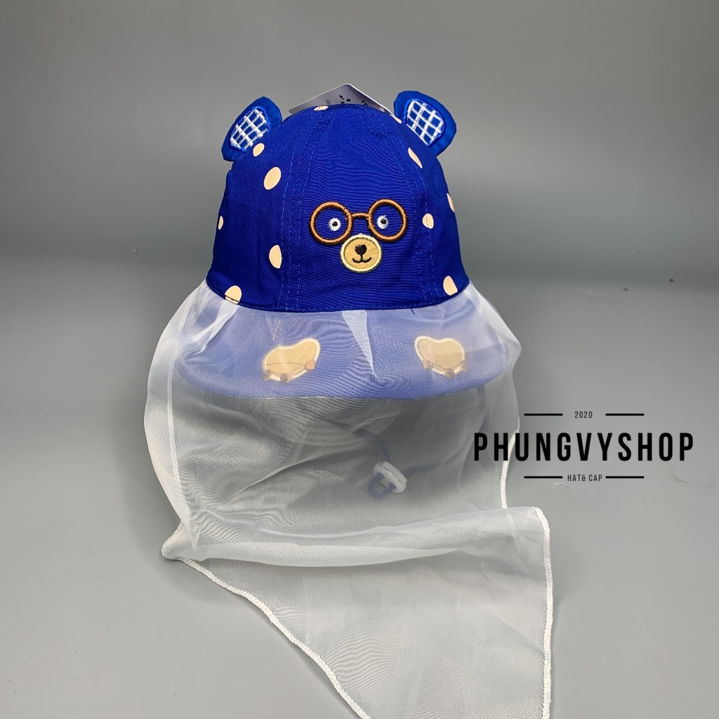 I VĐ 47cm/ Dưới 12 tháng I Mũ cho bé có khăn voan cản gió che bụi cho bé sơ sinh- BO NHÍ VON GẤU ĐEO KÍNH- nón trai gái