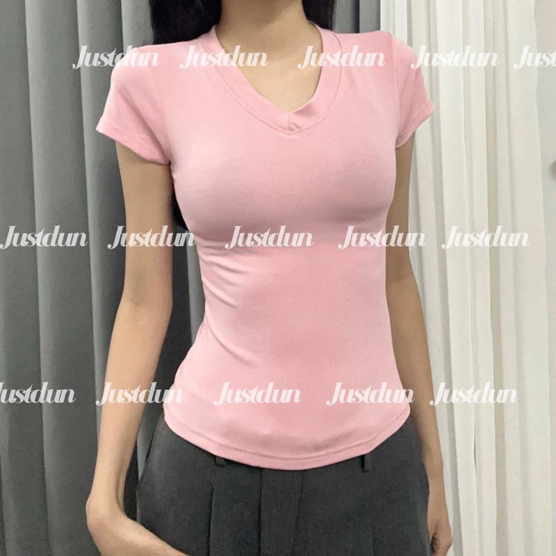 Áo thun cổ tim cotton mềm mịn ôm body Justdun C29