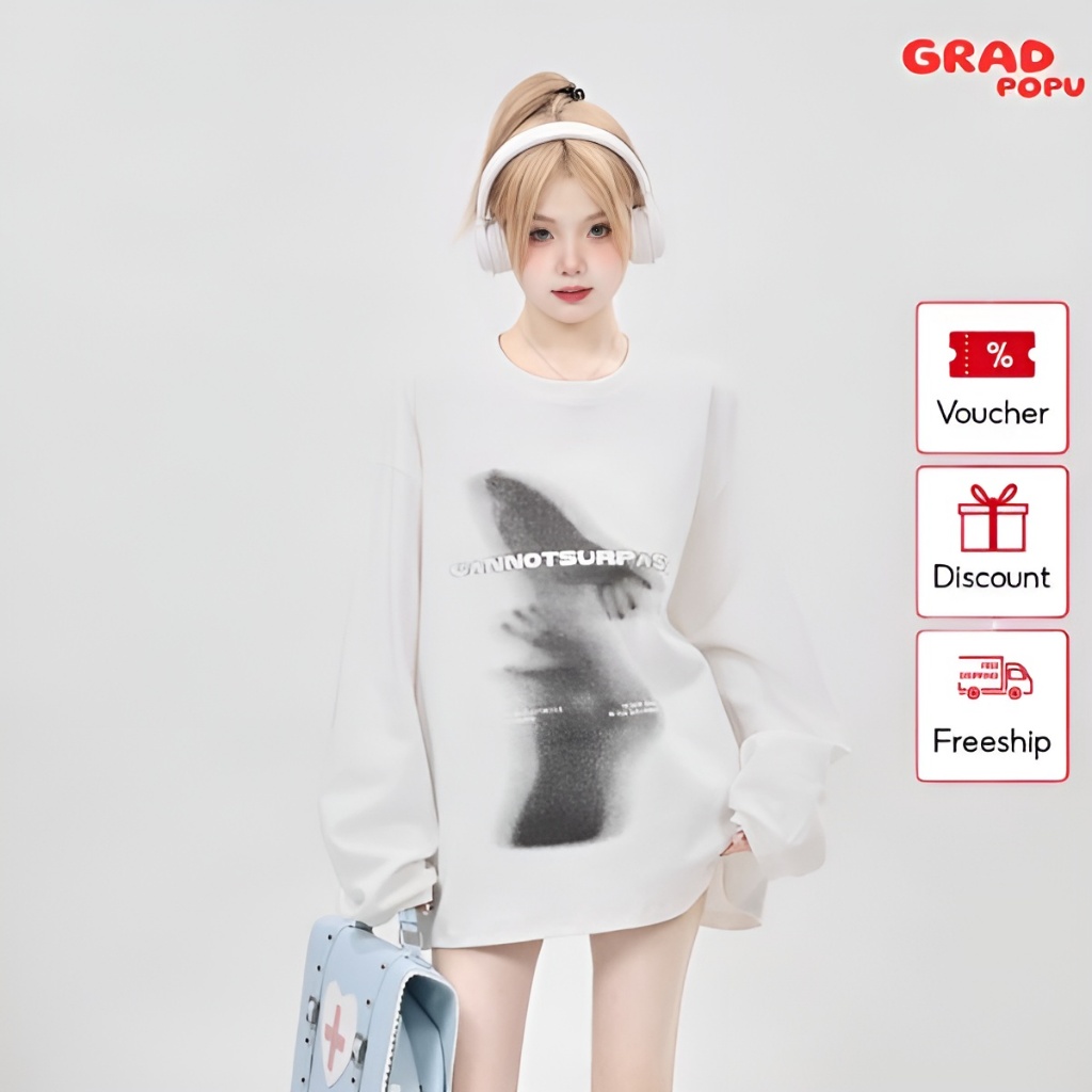 Áo thun nữ dài tay GRADPOPU PAT28 cổ tròn chất vải mềm mại hình in độc đáo, áo kiểu nữ dáng rộng phong cách Hàn Quốc