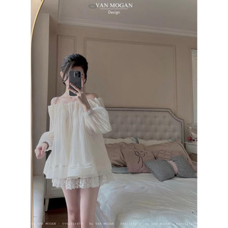 [S2.947] Set Bộ Áo Tơ Dập Ly Trễ Vai Dài Tay Tiểu Thư Mix Chân Váy Phối Viền Ren Hàng 2 Lớp (quần cạp chun, có lót quần)