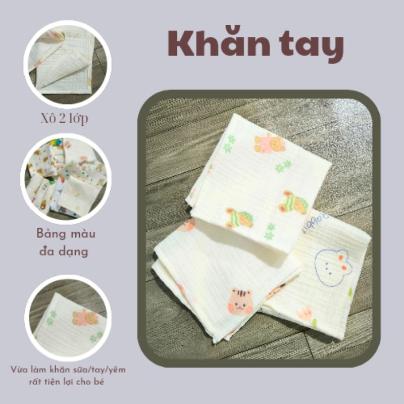 1SET 5 Khăn Xô musslin 2 lớp và 4 lớp (27x27cm) với sự sờn mịn vượt trội và cao cấp.