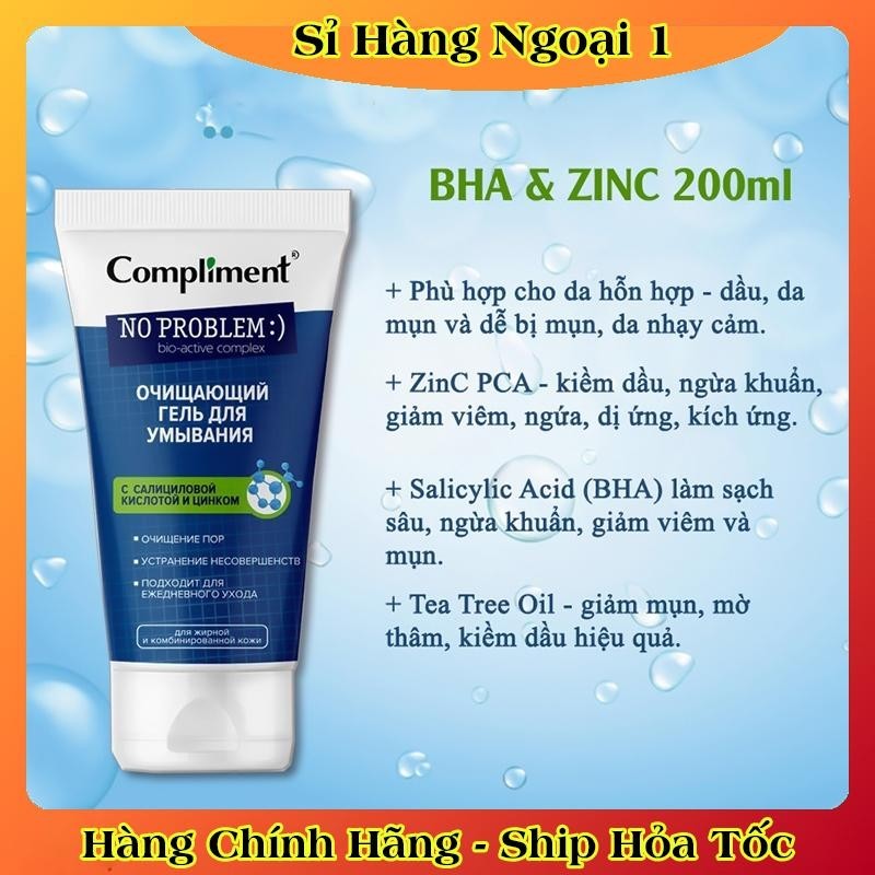 Gel rửa mặt BHA Compliment No Problem làm sạch sâu, giảm viêm & mụn 200ml của Nga