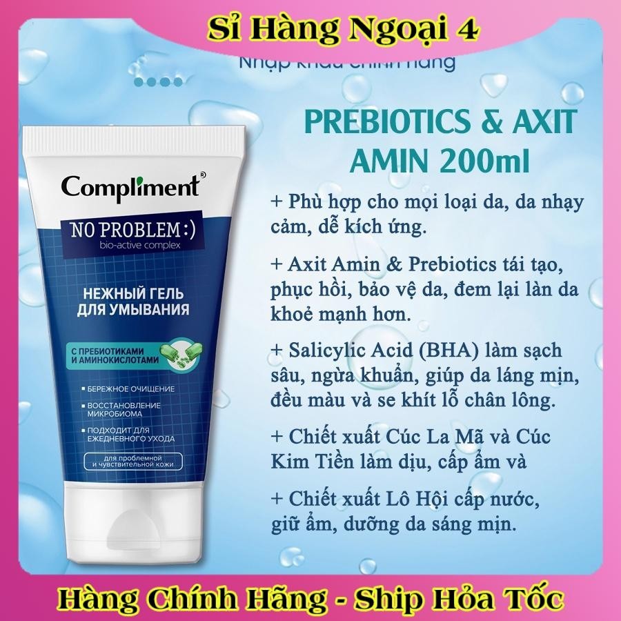 Gel rửa mặt BHA Compliment No Problem làm sạch sâu, giảm viêm & mụn 200ml của Nga