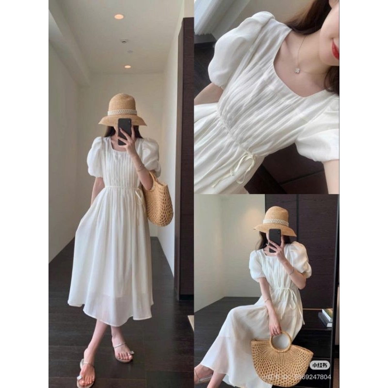 (Sale) Đầm tơ tencel 2 lớp tay bồng buộc eo