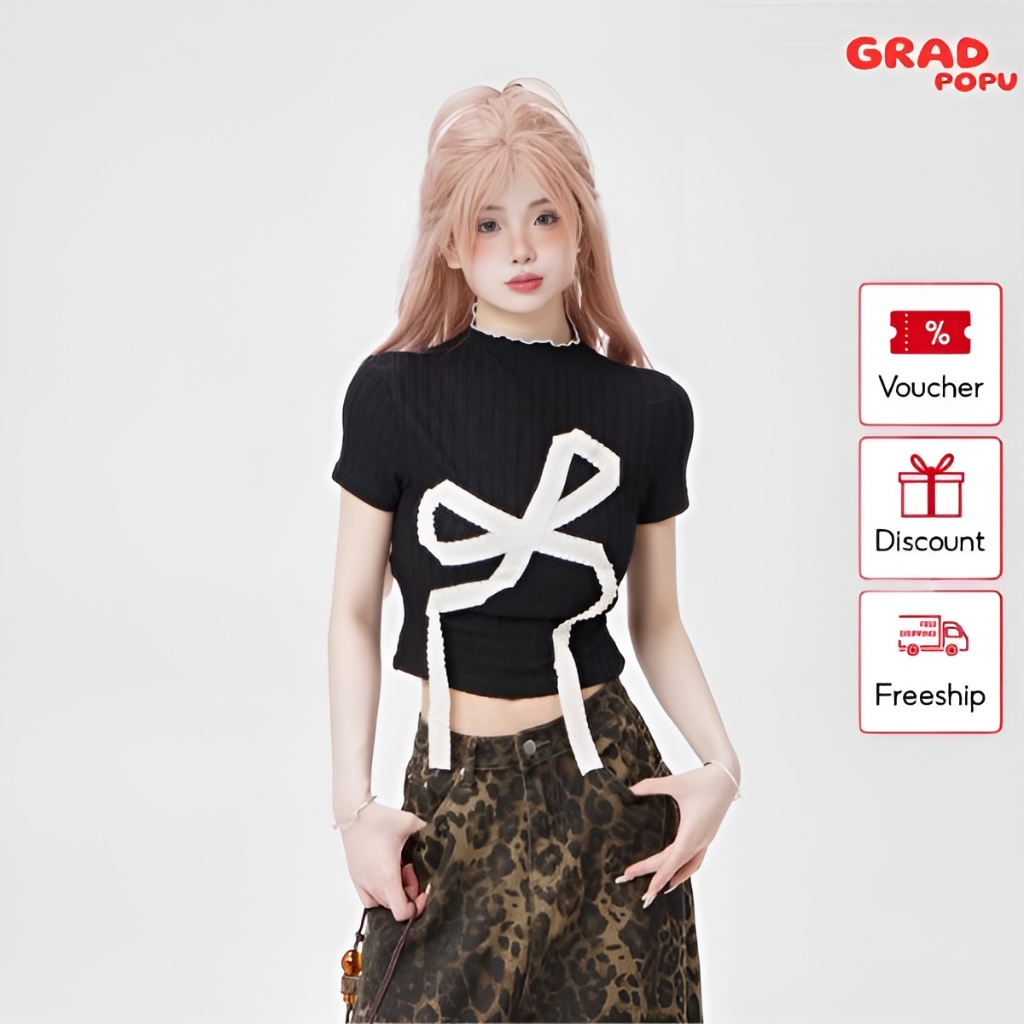 Áo thun nữ GRADPOPU PAT24 cổ lọ ngắn tay thêu nơ độc đáo thiết kế dáng ôm babytee vừa vặn năng động