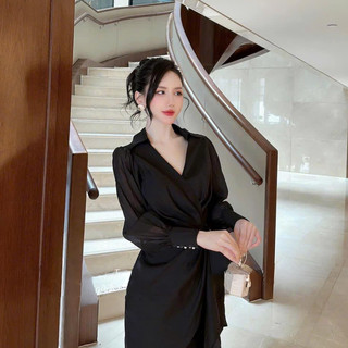 Váy nữ cổ sơ mi dài tay thiết kế cách điệu chân vạt HCOM2889, đầm nữ cổ chéo xoắn eo chất tơ xốp mềm mịn YuuMi Style