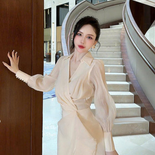 Váy nữ cổ sơ mi dài tay thiết kế cách điệu chân vạt HCOM2889, đầm nữ cổ chéo xoắn eo chất tơ xốp mềm mịn YuuMi Style