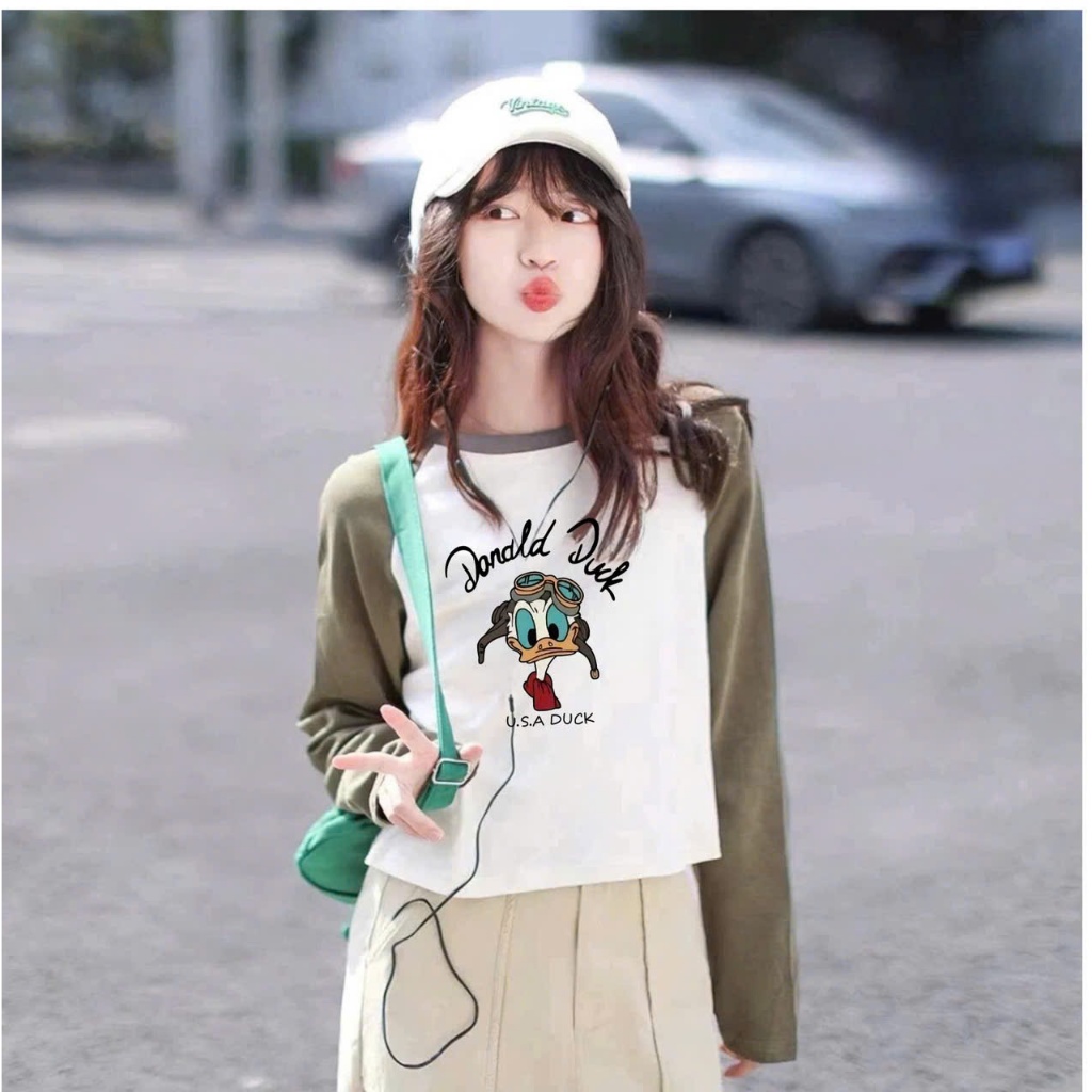 Áo thun nữ tay dài phối màu dáng lửng JULY fashion2023, Áo thun dài tay nữ chất cotton xược mềm mát in hình thời trang