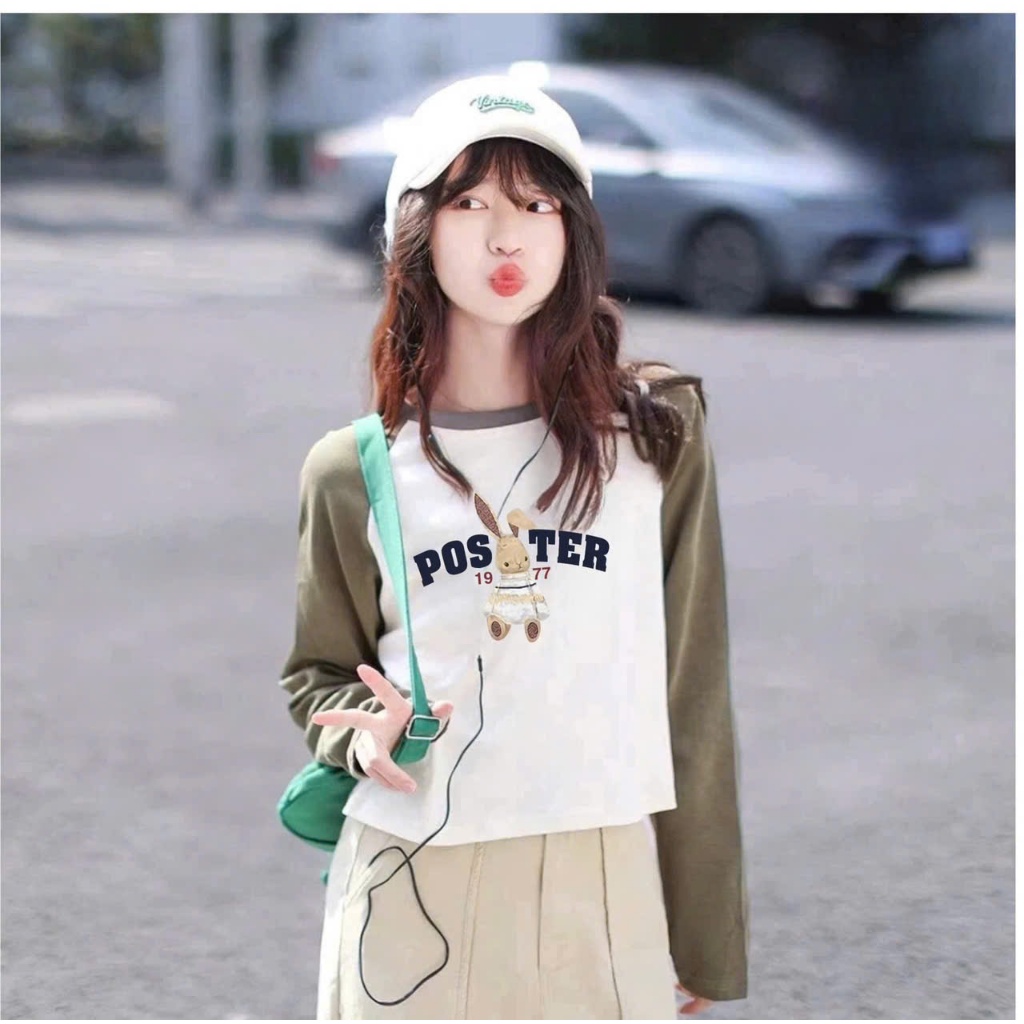 Áo thun nữ tay dài phối màu dáng lửng JULY fashion2023, Áo thun dài tay nữ chất cotton xược mềm mát in hình thời trang