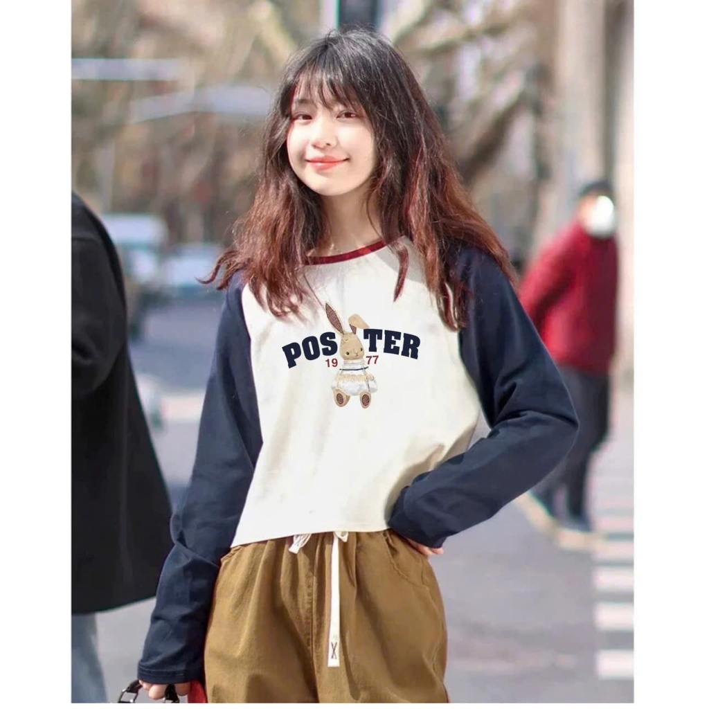 Áo thun nữ tay dài phối màu dáng lửng JULY fashion2023, Áo thun dài tay nữ chất cotton xược mềm mát in hình thời trang