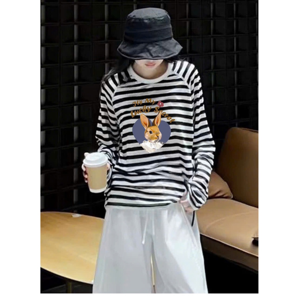 Áo thun nữ tay dài sọc ngang JULY fashion2023, Áo thun dài tay kẻ sọc ngang in hình, chất cotton 4 chiều dày dặn