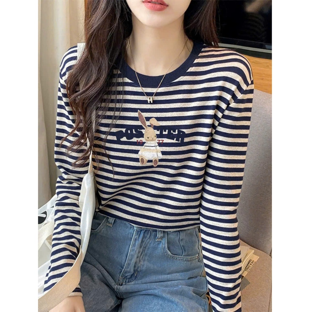 Áo thun nữ tay dài sọc ngang JULY fashion2023, Áo thun dài tay kẻ sọc ngang in hình, chất cotton 4 chiều dày dặn