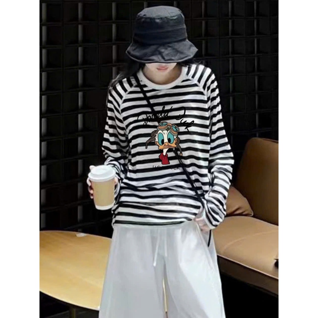 Áo thun nữ tay dài sọc ngang JULY fashion2023, Áo thun dài tay kẻ sọc ngang in hình, chất cotton 4 chiều dày dặn