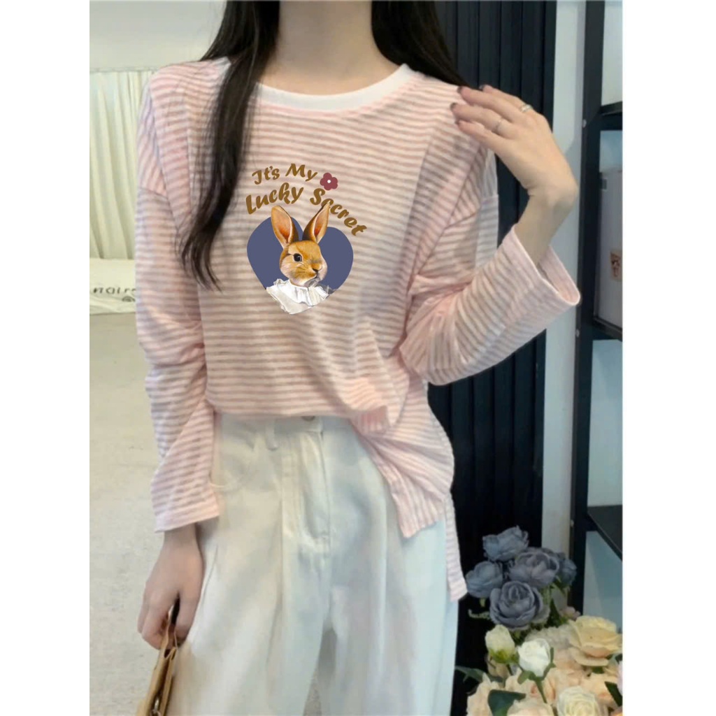 Áo thun nữ tay dài sọc ngang JULY fashion2023, Áo thun dài tay kẻ sọc ngang in hình, chất cotton 4 chiều dày dặn