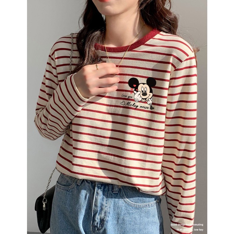 Áo thun nữ tay dài sọc ngang JULY fashion2023, Áo thun dài tay kẻ sọc ngang in hình, chất cotton 4 chiều dày dặn