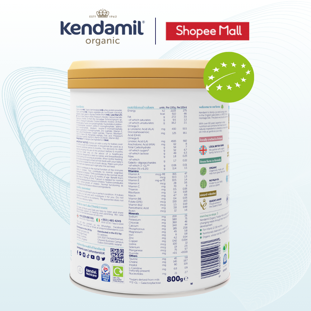 Ảnh Sữa Công Thức Hữu Cơ Kendamil Organic chứa HMOs Số 2 (800g) - Sữa Bột Nguyên Kem dinh dưỡng tối ưu 2