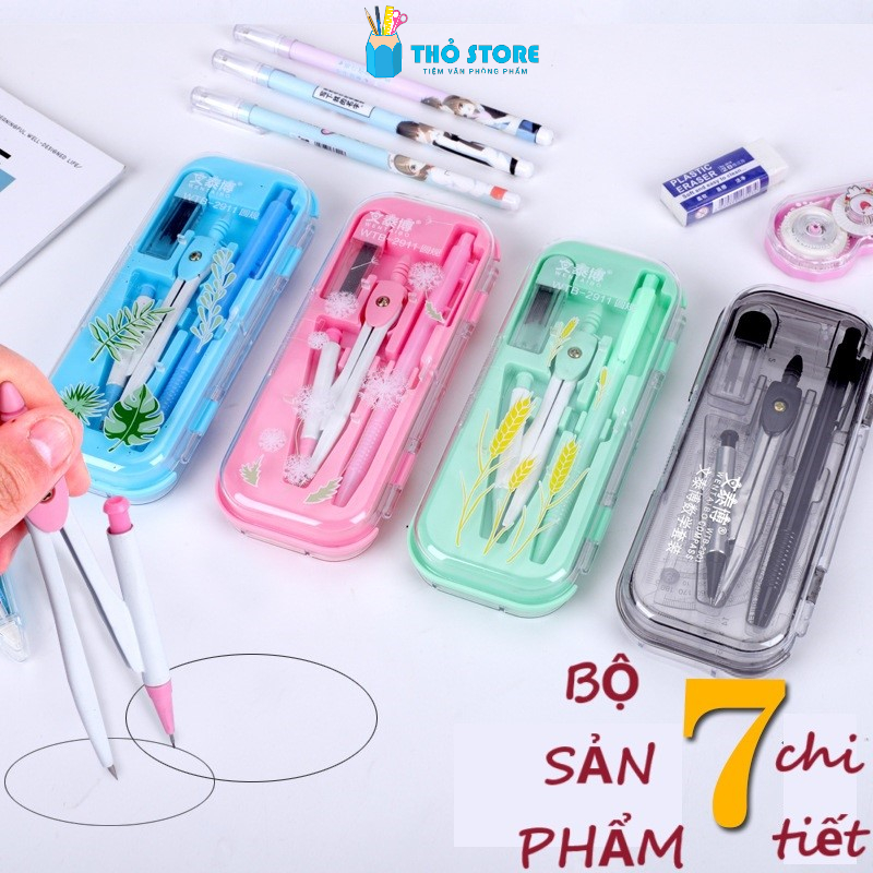 Bộ 7 chi tiết gồm compa và thước kẻ học sinh, bộ compa pastel vẽ tranh ...