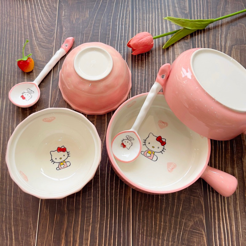 Bát Đĩa Gốm Sứ Decor, Bát Ăn Cơm, Bát Ăn Chè, Chén Dĩa Dễ Thương Sét Mini Mèo Ketty 5 Món Xinh Yêu