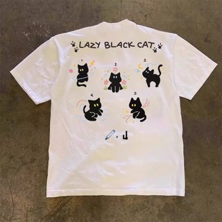 Áo Phông Cổ Tròn Nam Nữ Đẹp Phối Họa Tiết Mèo Lazy Black 2 Mặt Năng Động Chất Liệu Cotton Khô Siêu Thoáng Mát