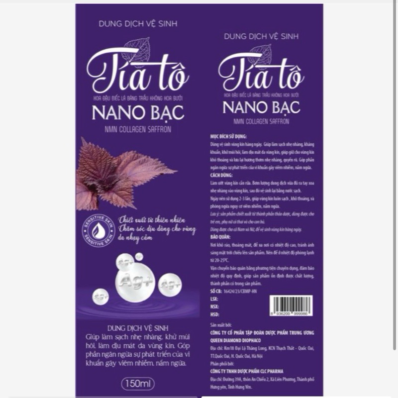 Dung Dịch Vệ Sinh Tía Tô NANO BẠC  Làm Sạch Ngăn Ngừa Viêm Nhiễm, Làm Thơm vùng kín