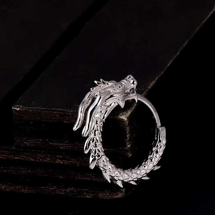 Khuyên tai tròn nam bạc 925 thiết kế hình con rồng cực ngầu unisex, Dragon (1 chiếc) | GEMY SILVER KN126