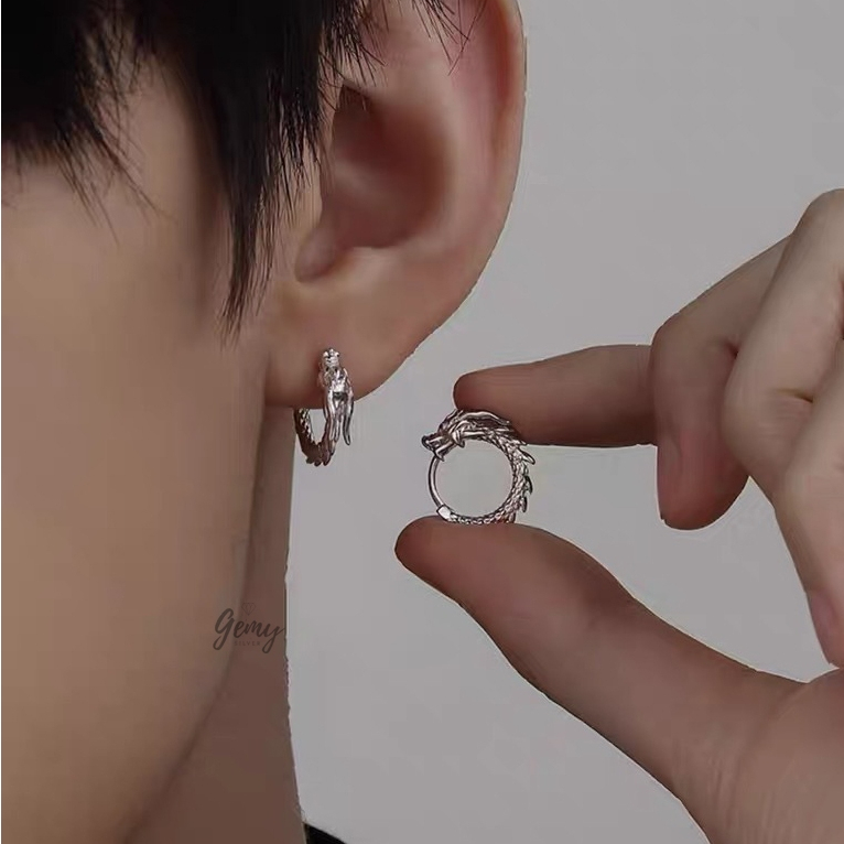 Khuyên tai tròn nam bạc 925 thiết kế hình con rồng cực ngầu unisex, Dragon (1 chiếc) | GEMY SILVER KN126