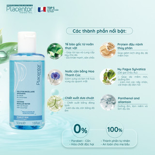 Nước tẩy trang cho da nhạy cảm, da khô Placentor Vegetal Soothing Micellar Water 50ml