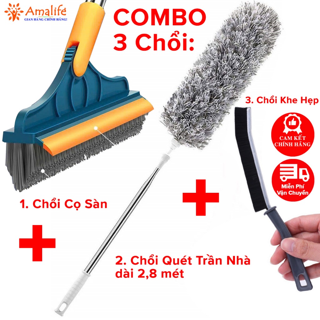Ảnh Combo Dọn Nhà 3 Món: Chổi Quét Trần Nhà + Chổi Chà Cọ Nhà Vệ Sinh + Bàn Chải Khe Hẹp Chính Hãng Amalife 1