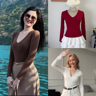 Áo Tay Dài Cổ Tim chất cotton ôm body tôn dáng - Áo thun nữ đẹp cổ V