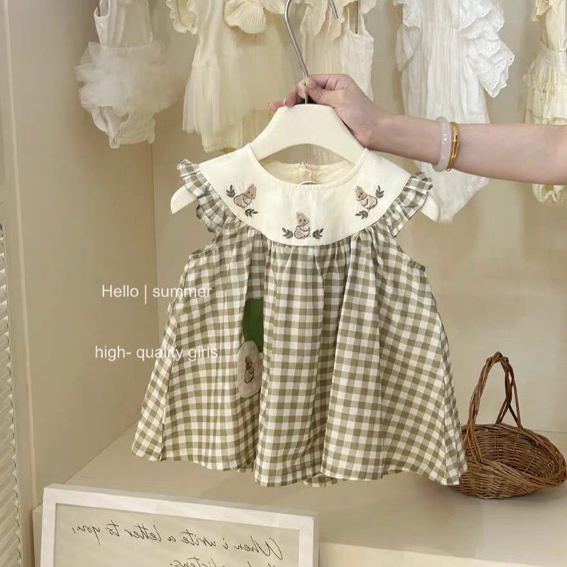 (Order) Váy caro thêu hình thỏ có tai thỏ phong cách Hàn Quốc ngộ nghĩnh đáng yêu