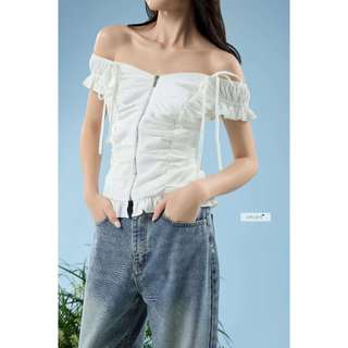 𝐌𝐢𝐫𝐚 𝐓𝐨𝐩 - Áo kiểu nữ trễ vai nhún ngực đuôi cá thiết kế khóa kéo cao cấp nhiennhienvintage NAS00028