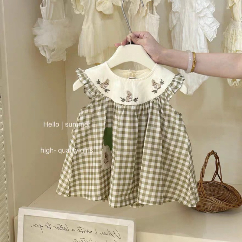 (Order) Váy caro thêu hình thỏ có tai thỏ phong cách Hàn Quốc ngộ nghĩnh đáng yêu