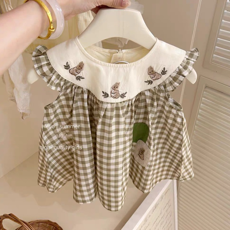 (Order) Váy caro thêu hình thỏ có tai thỏ phong cách Hàn Quốc ngộ nghĩnh đáng yêu