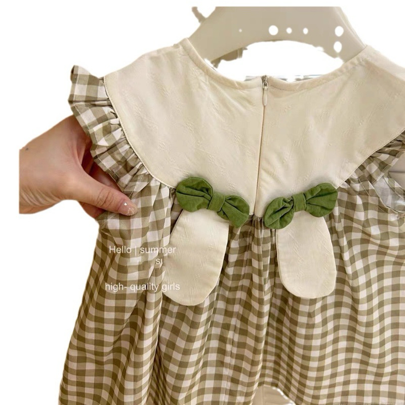 (Order) Váy caro thêu hình thỏ có tai thỏ phong cách Hàn Quốc ngộ nghĩnh đáng yêu