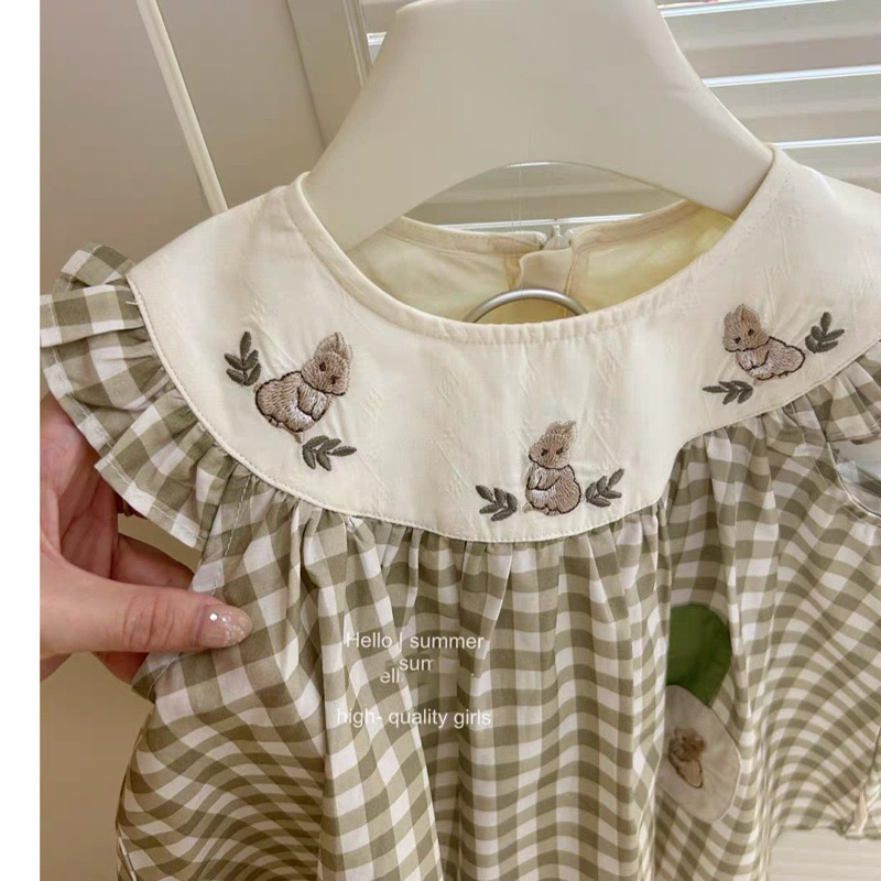 (Order) Váy caro thêu hình thỏ có tai thỏ phong cách Hàn Quốc ngộ nghĩnh đáng yêu