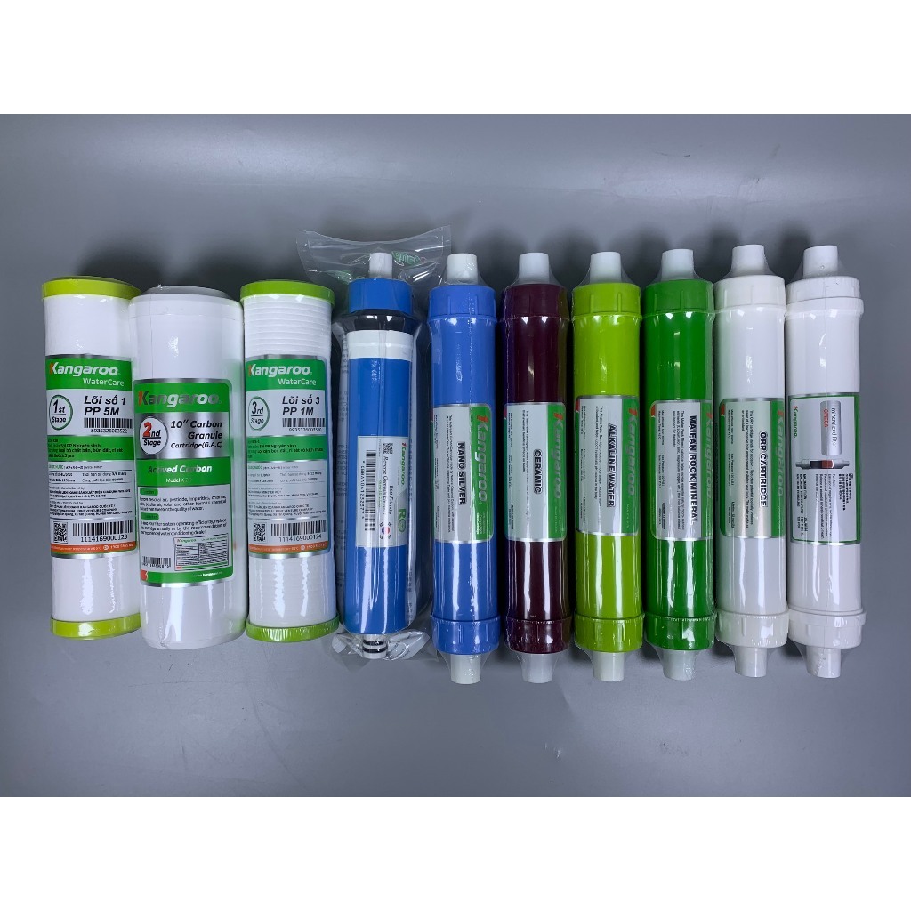 Combo 10 Lõi Lọc Nước Kangaroo Model KG10A3 Gồm 123 RO50GPD Nano Ceramic Alkaline Maifan ORP 5in1+ Hàng Chính Hãng