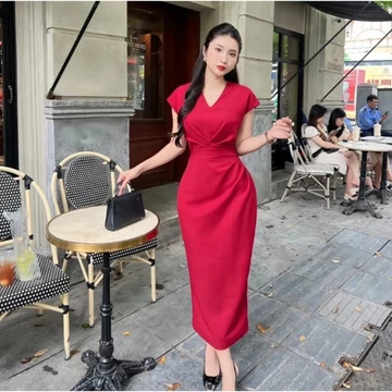 Váy thiết kế cổ V ngắn tay dáng dài eo xếp li che khuyết điểm bụng to xẻ tà gấu, váy đầm dự tiệc B26 sang chảnh.