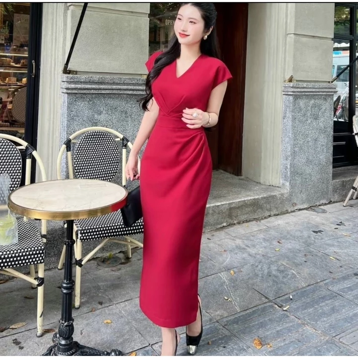 Váy thiết kế cổ V ngắn tay dáng dài eo xếp li che khuyết điểm bụng to xẻ tà gấu, váy đầm dự tiệc B26 sang chảnh.