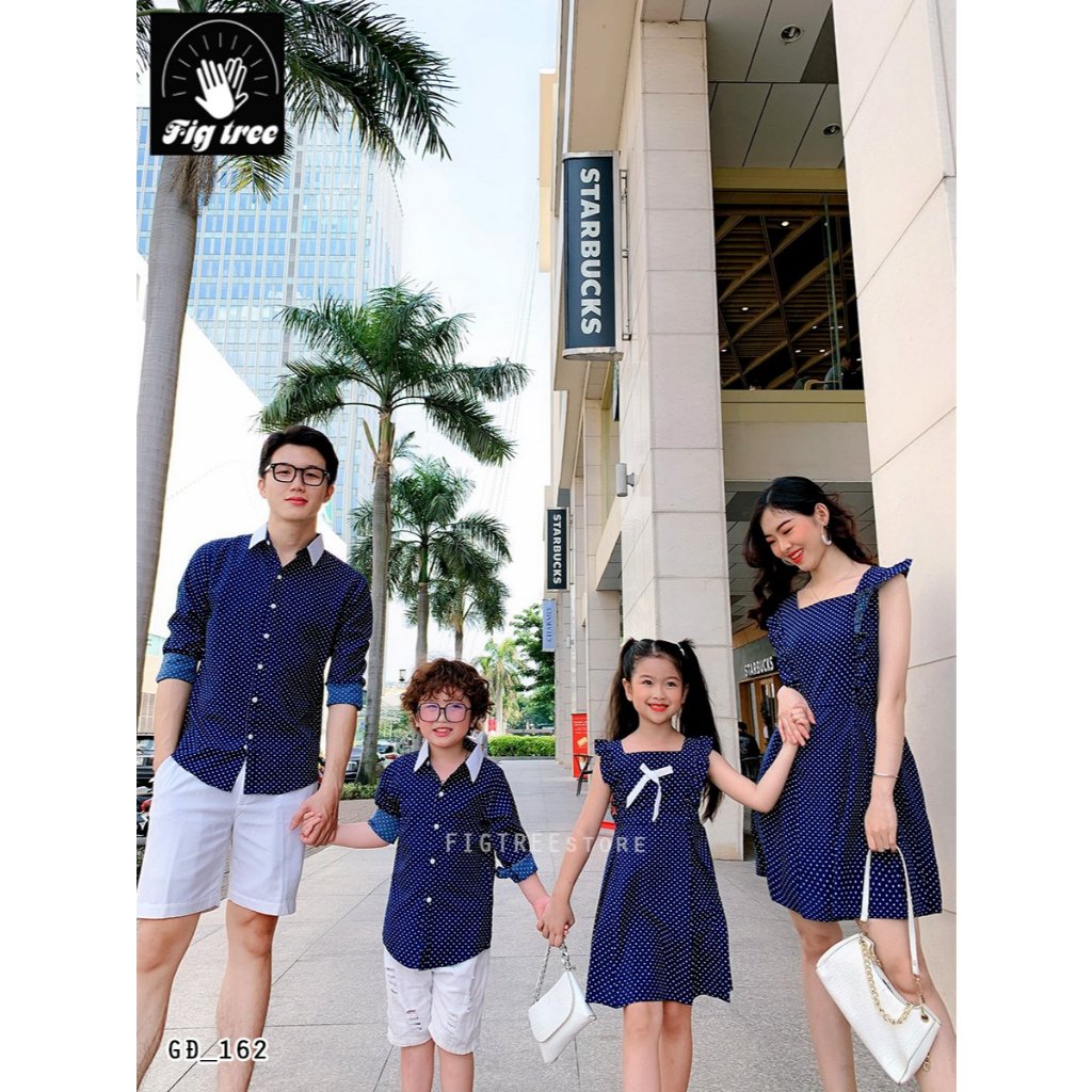 Set Đồ Gia Đình Fig Tree Chấm Bi Xanh, Chất Cotton Mềm Mịn, Gia Đình Đi Tiệc, Đi Chơi,  Mã 162